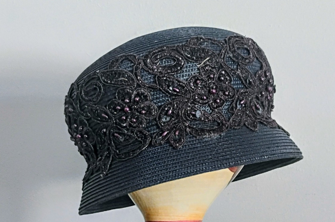 Black/Navy Beaded Bucket/Cloche style Hat