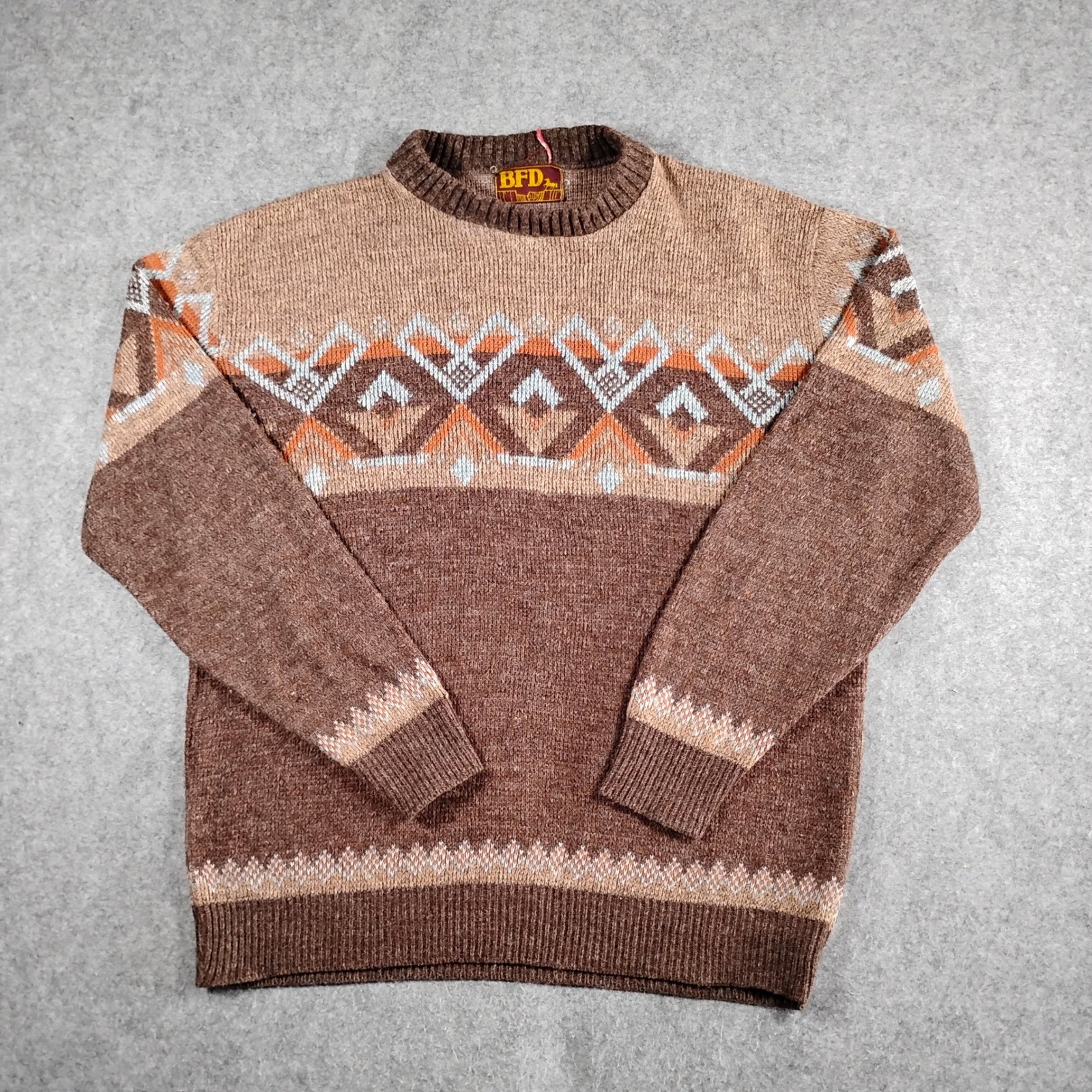 BFD Vintage Men Brown Fair Isle Geometric Acrylic Knit Crewneck Sweater USA Made