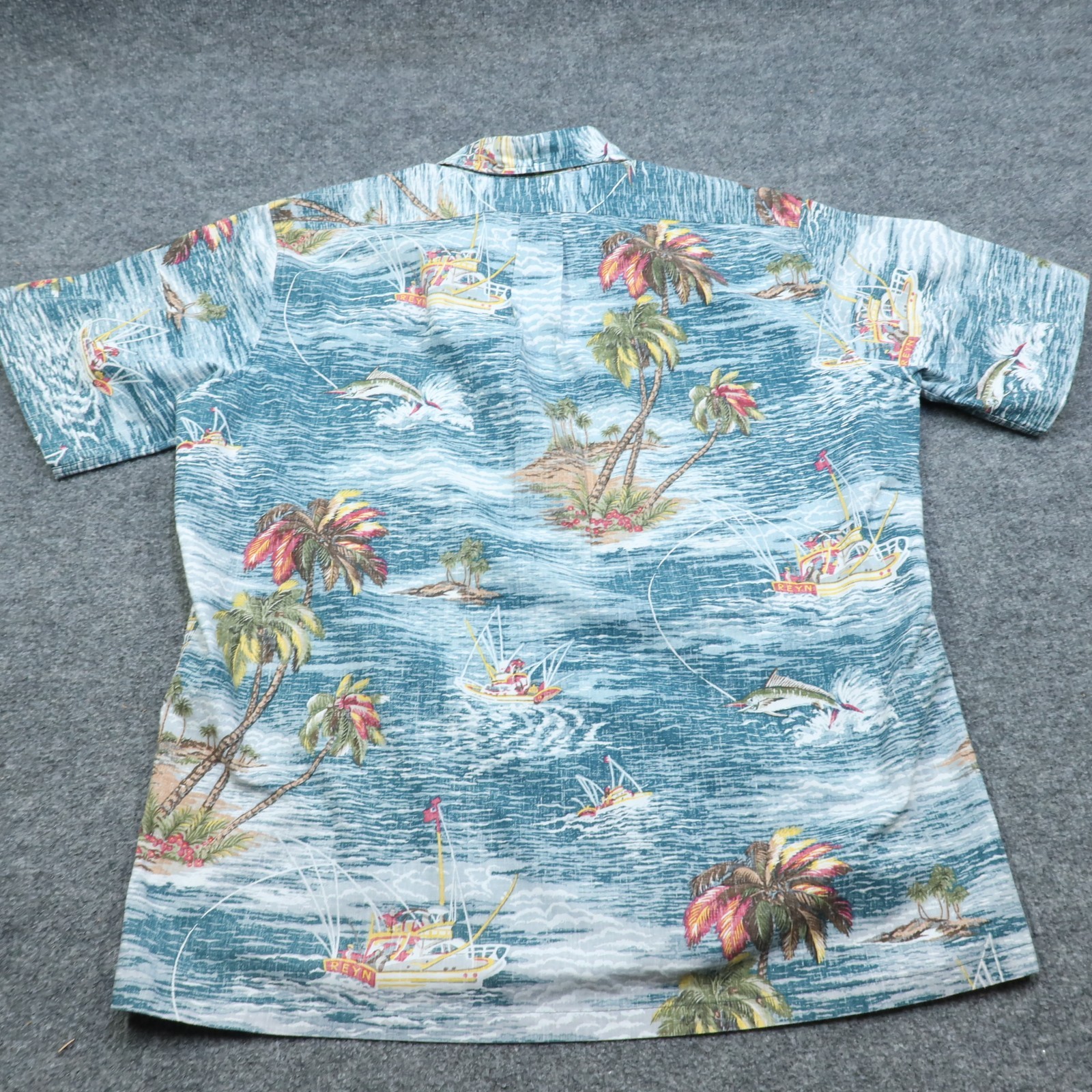 Reyn Spooner Shirt Mens XL Blue Pullover Hawaiian Boats Fishing Short Sleeve