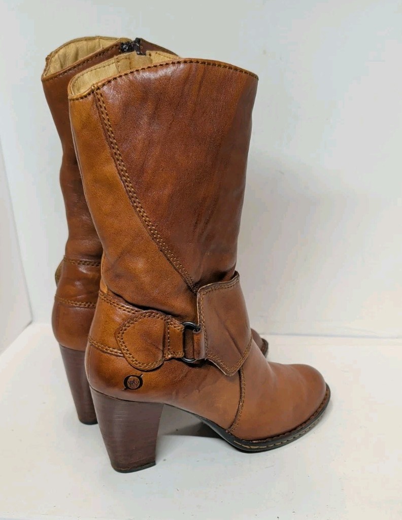 Womens Born Dani Sz 9 B Soft Brown Leather Mid Calf Zipper Buckle Heeled Boots