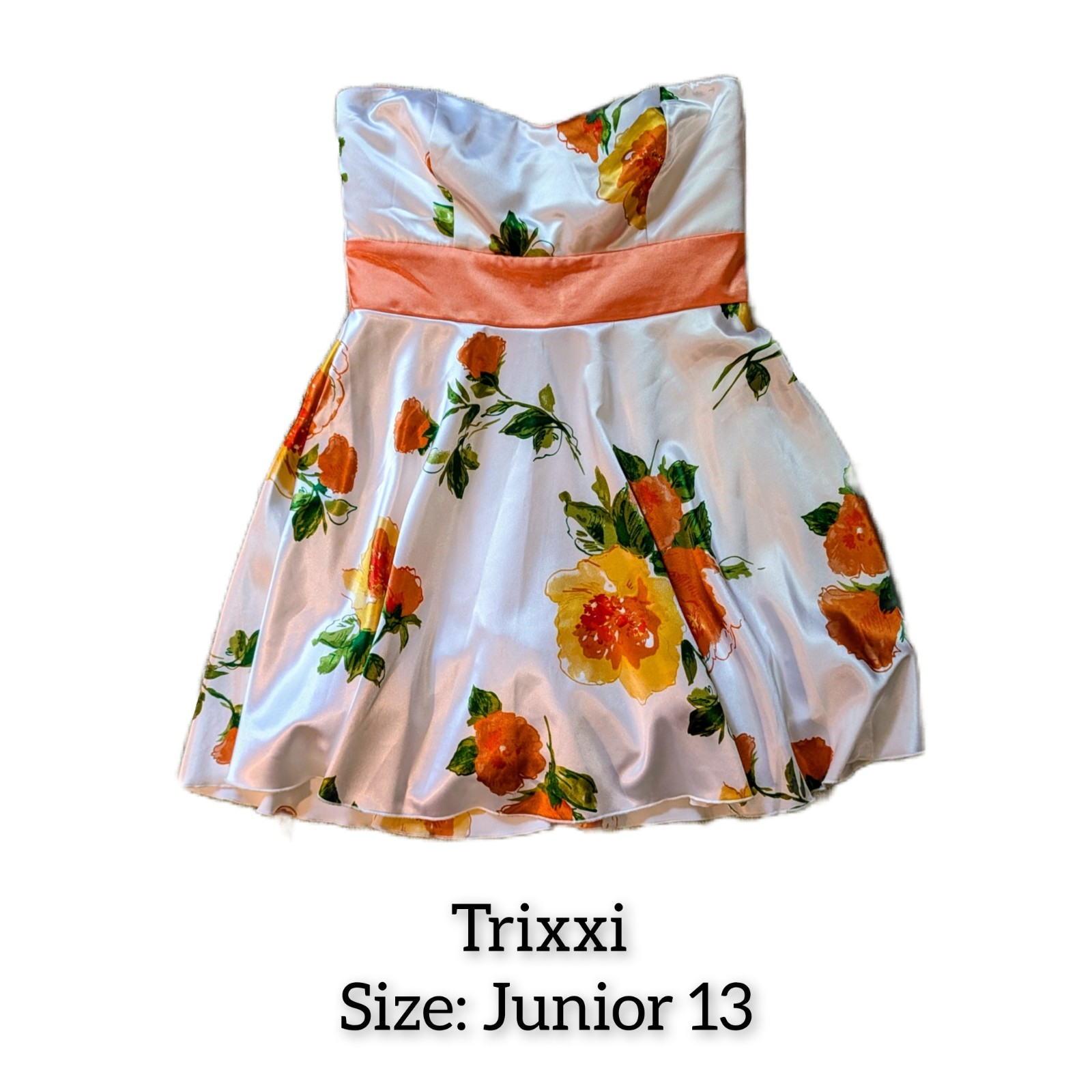 Trixxi Floral Fit & Flare Sweetheart Strapless Short Dress White Orange 13