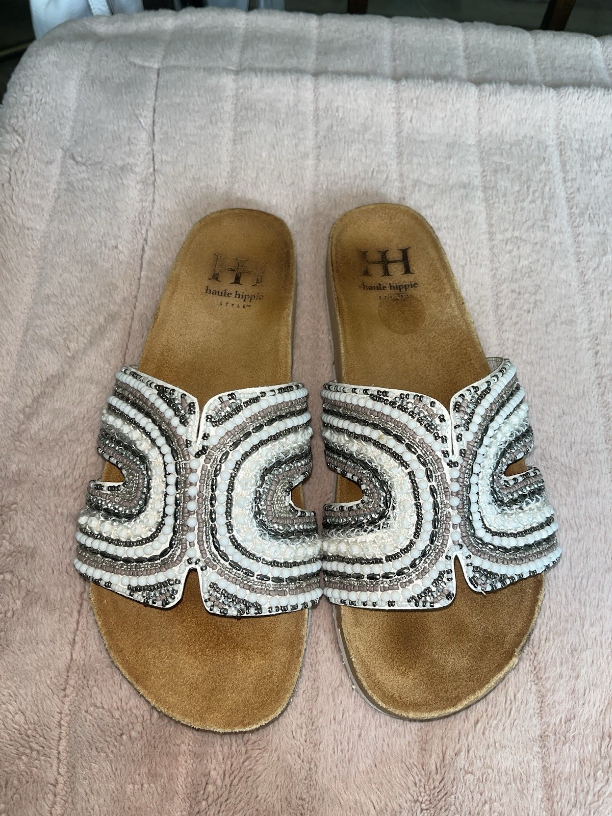 Haute Hippie White Silver Beaded Geometric Slide Sandals Synthetic Slip-On 8.5