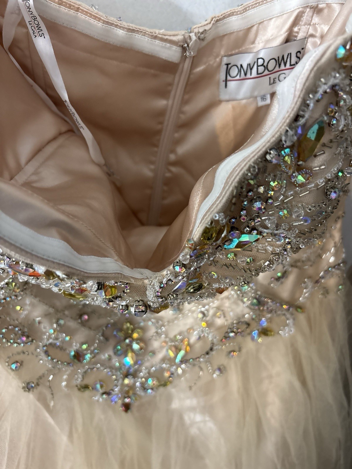 Tony Bowls Beige Beaded Bodice Tulle Ball Gown Formal Dress Polyester