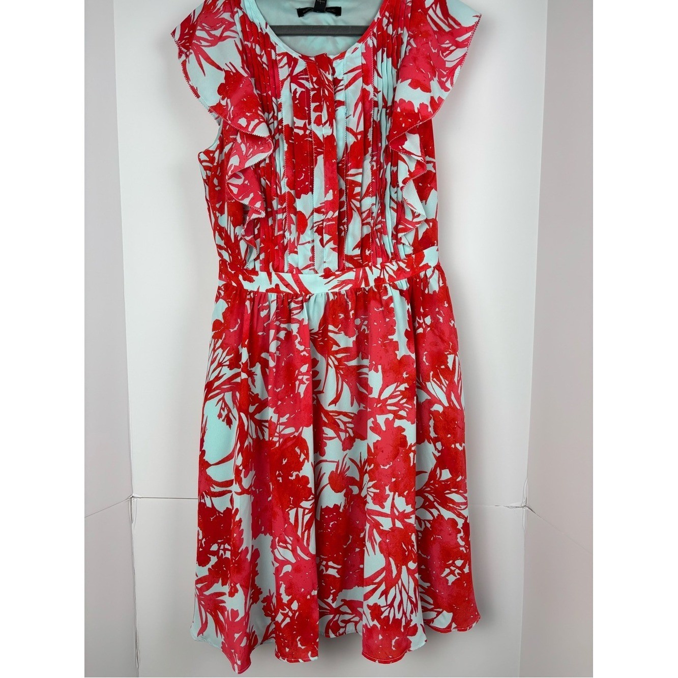BR Sz 0 NWT Floral Ruffle Sleeve Dress Aqua Pink Fit & Flare Pockets Dressy Chic