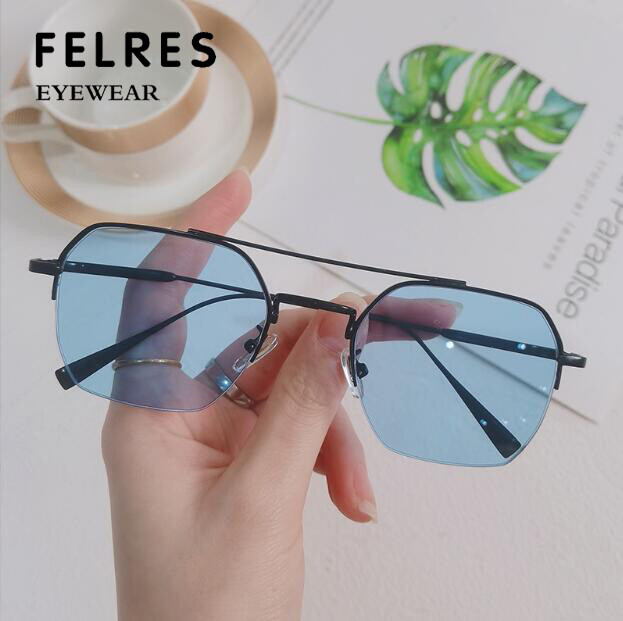 Unisex Metal Half Frame Myopia Nearsighted Distance Glasses Blue Lens Sunglasses