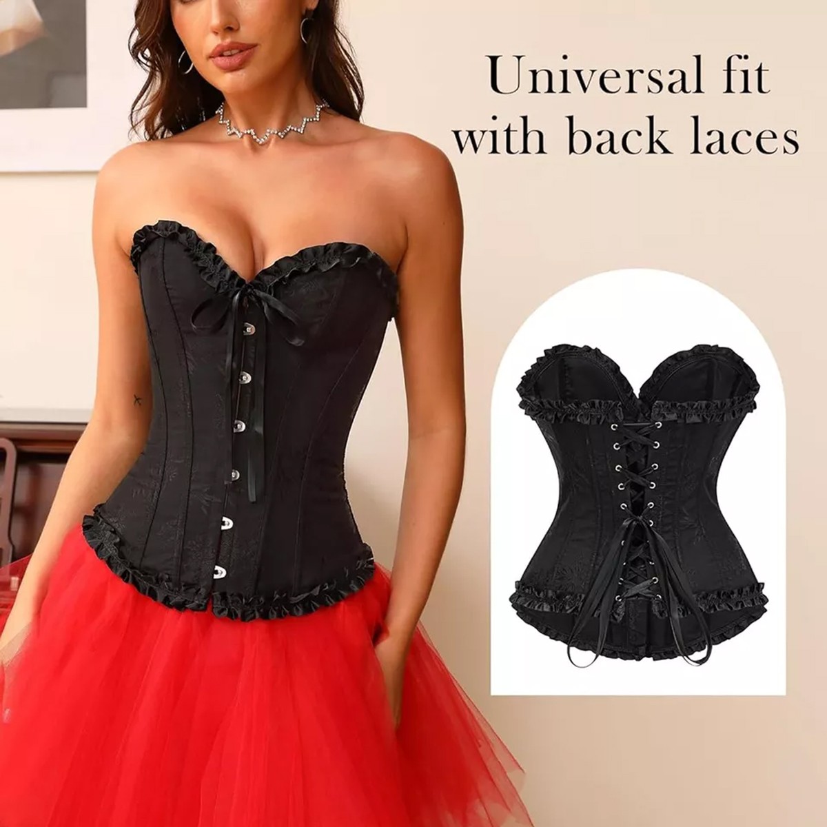 Women Lace-Up Overbust Boned Satin Corset Bustier Burlesque Lingerie Basque Tops