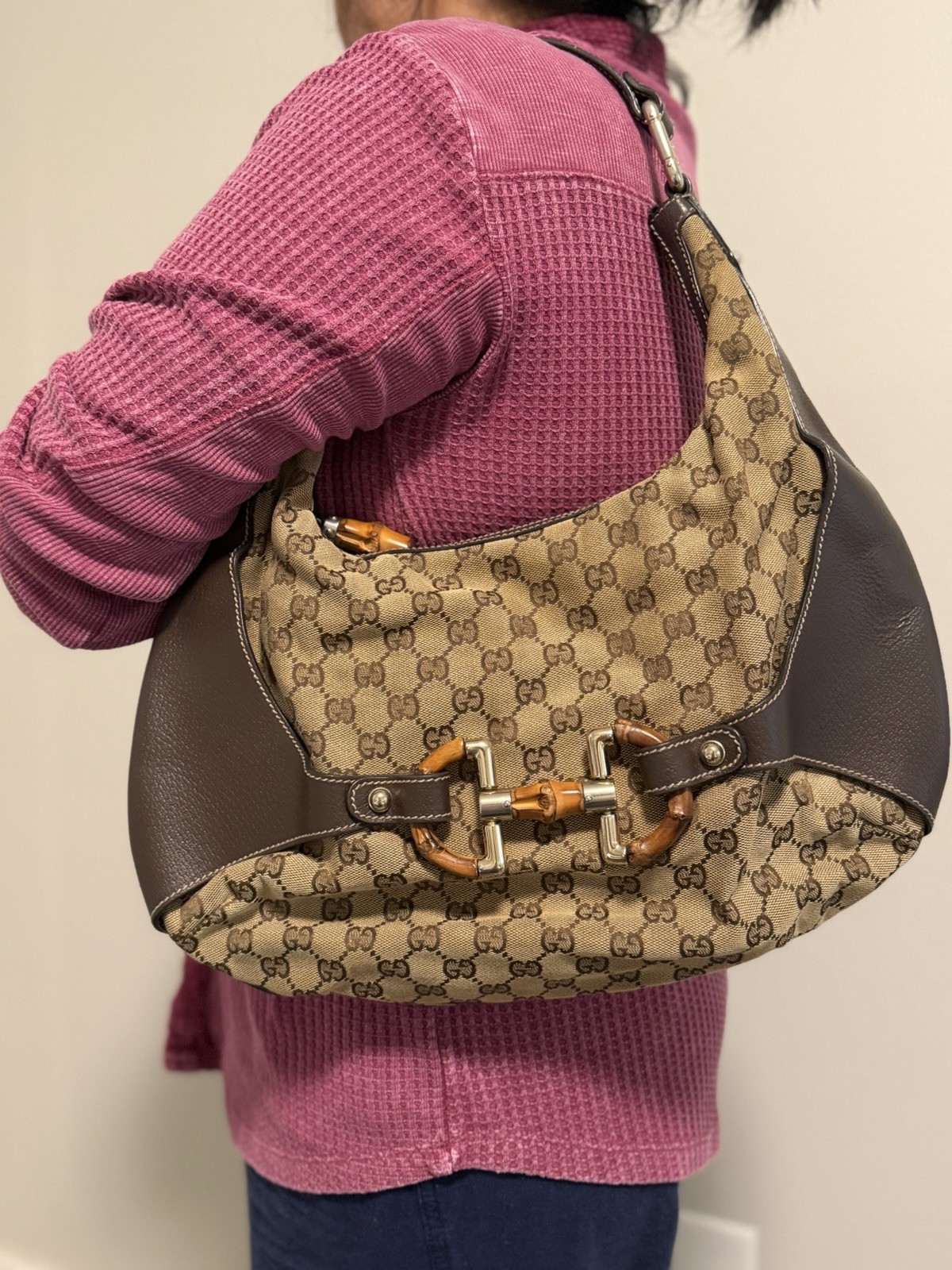Vintage Gucci GG Monogram Bamboo Amalfi Brown Medium hobo Shoulder Bag