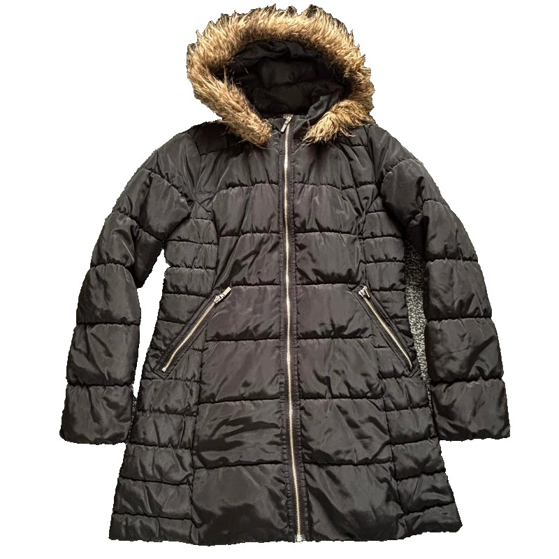 Womens Black Quilted Puffer Coat Size 12 Faux Fur Hood Winter Jacket Casual