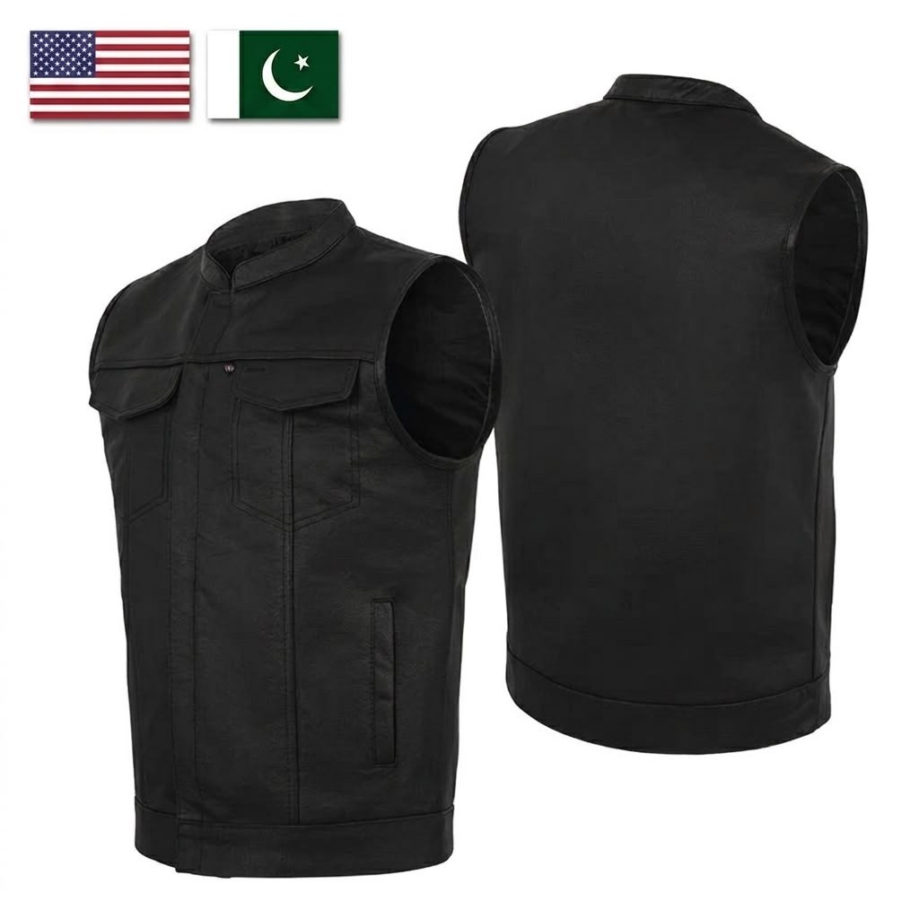 Men’s SOA Collarless Leather Vest Motorcycle Biker Club Vest Biker Vest Swat SL