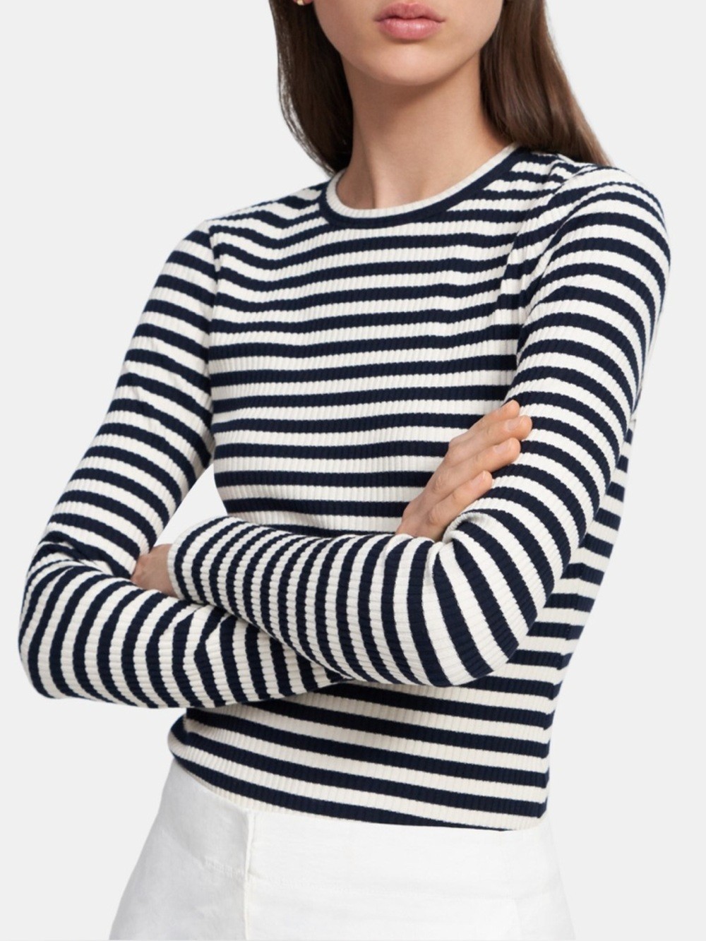 Theory Tiny Striped Ribbed Knit Long Sleeve Tee Black White Women’s Large