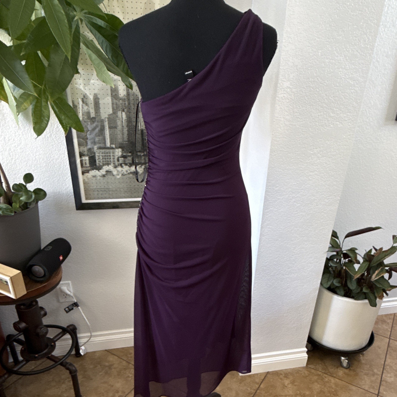 Laundry by Shelli Segal Women’s Purple One Shoulder Ruched Beaded Midi Dress 2