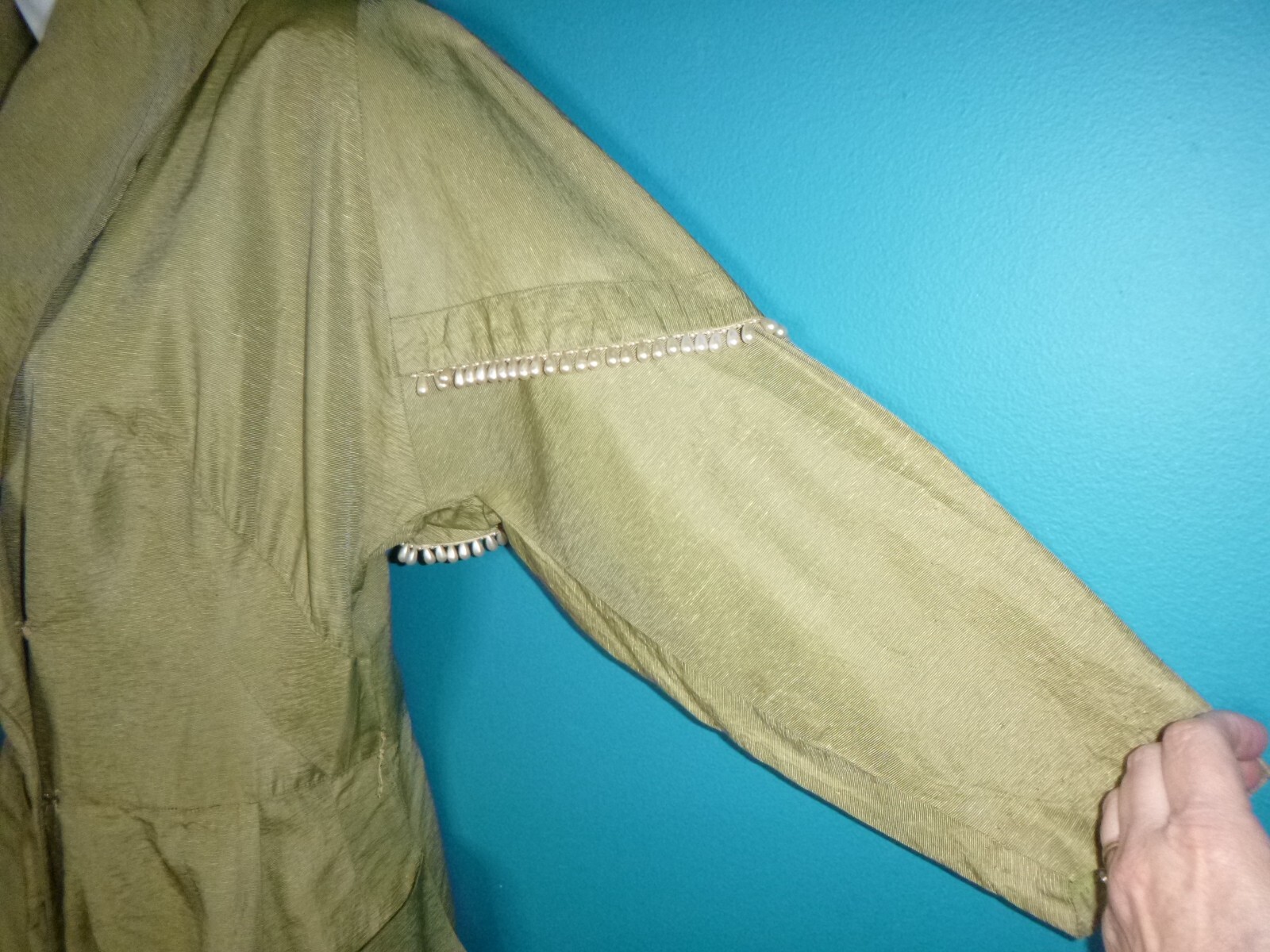 Vtg 50s Shawl Collar Dress Khaki Satin Fabric Teardrop Pearl Bead Accents Sz S