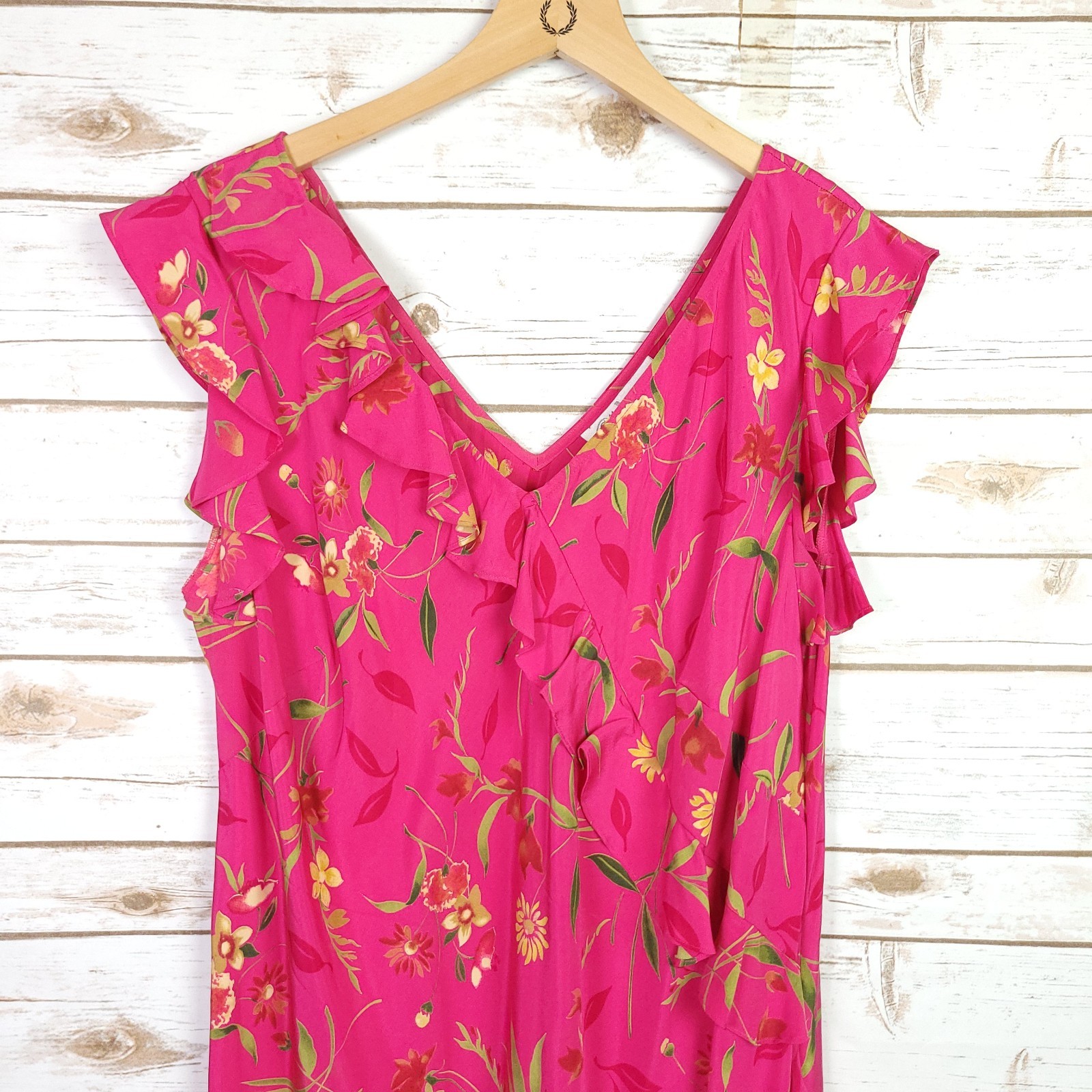 Vtg Diane Von Furstenberg Silk Assets Dress 1X Pink Floral Ruffled Midi
