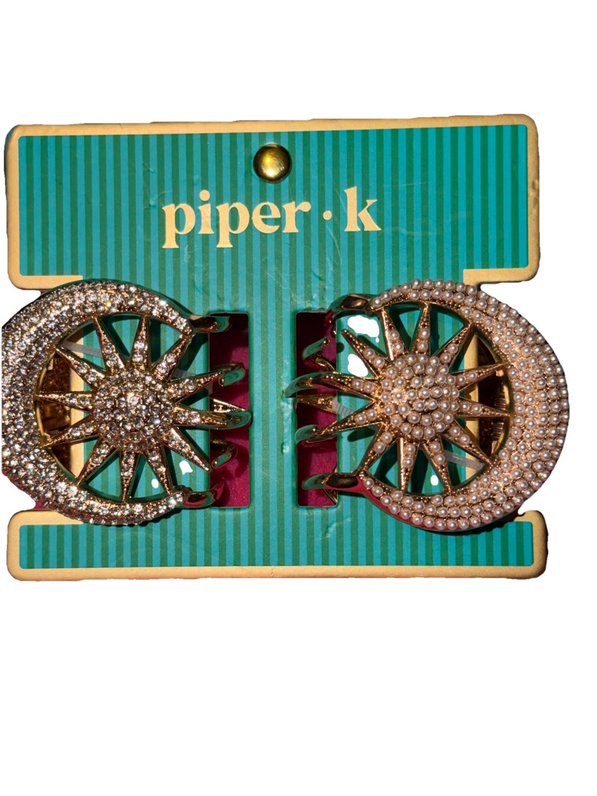 PIPER K HAIR CLIPS ☀️ 🌙 Faux Pearls & Rhinestones -GOLD TONE – Set of 2
