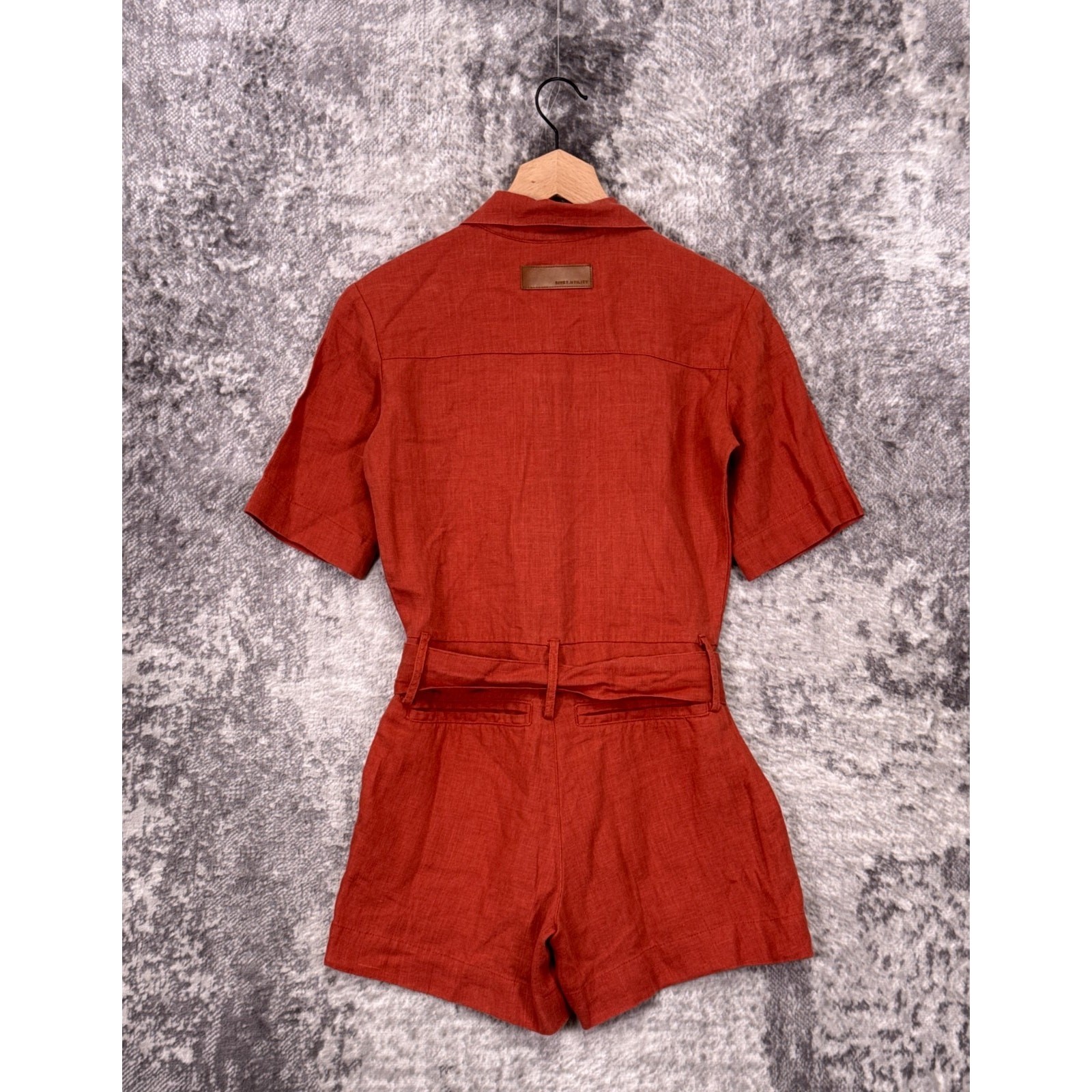 Rivet Utility Romper XXS Womens Burnt Orange Linen Zip Collared Jumpsuit