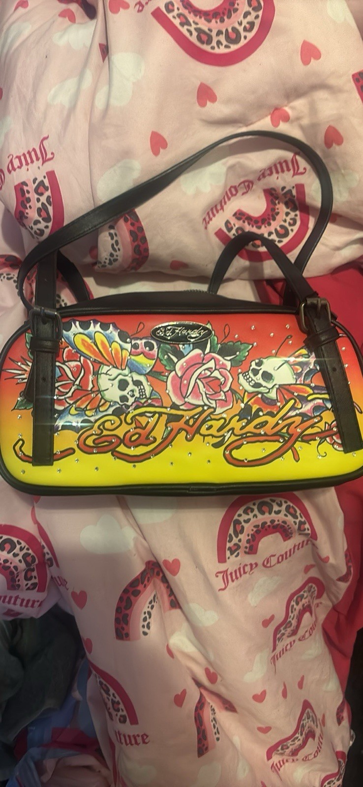 Ed Hardy Studded Zip Shoulder Bag Graphic Skull Tattoo Red Yellow Black