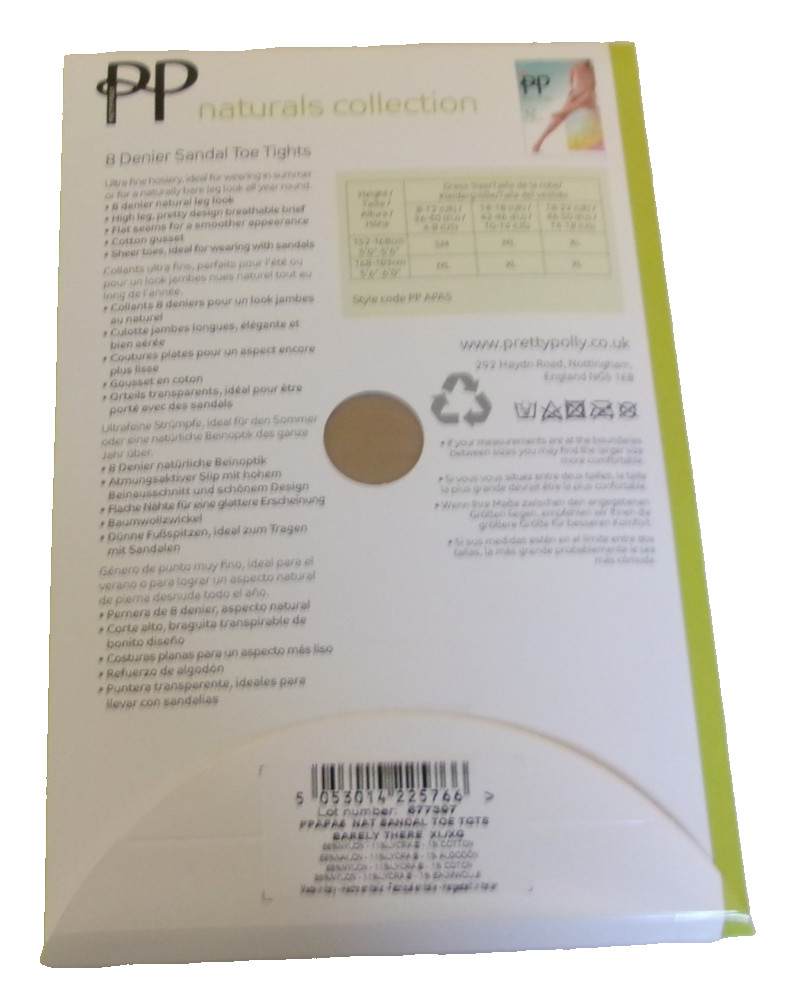 Pretty Polly Naturals sandal toe tights Size XL Barely there PPAPA5 8 Denier