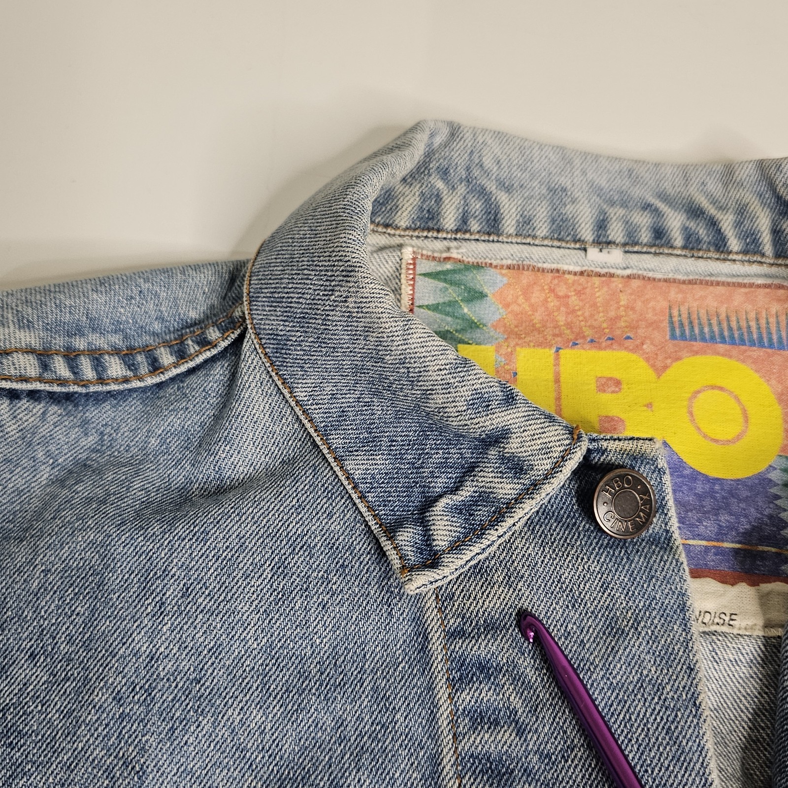 Vintage 80s 90s HBO Patchwork Jean Denim Jacket Med Pop Art Prime Time Short