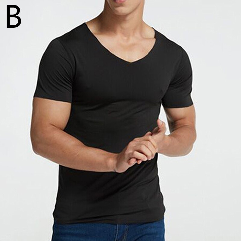 1PC Men Breathable Solid Color V Neck Tops Tees Ice Silk Tshirts Seamless M-5XL