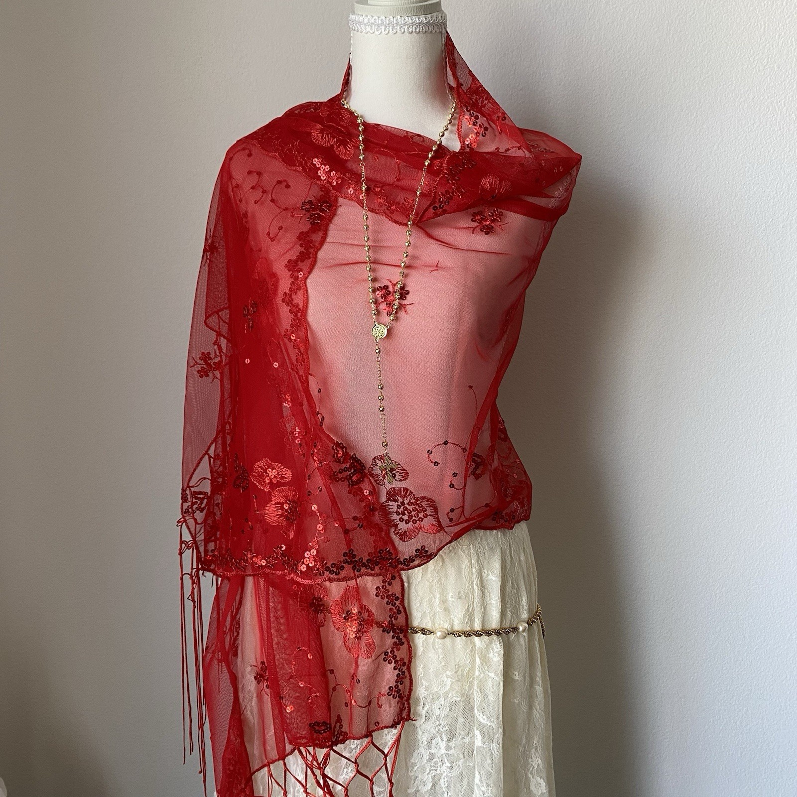 Red Mesh Sheer Shawl Floral Embroidered Sequin Fringe Women’s Scarf Whimsical