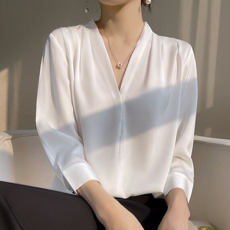 HOT Mulberry Silk Long-sleeved Shirt Women’s Morning Satin Chiffon V-neck Top