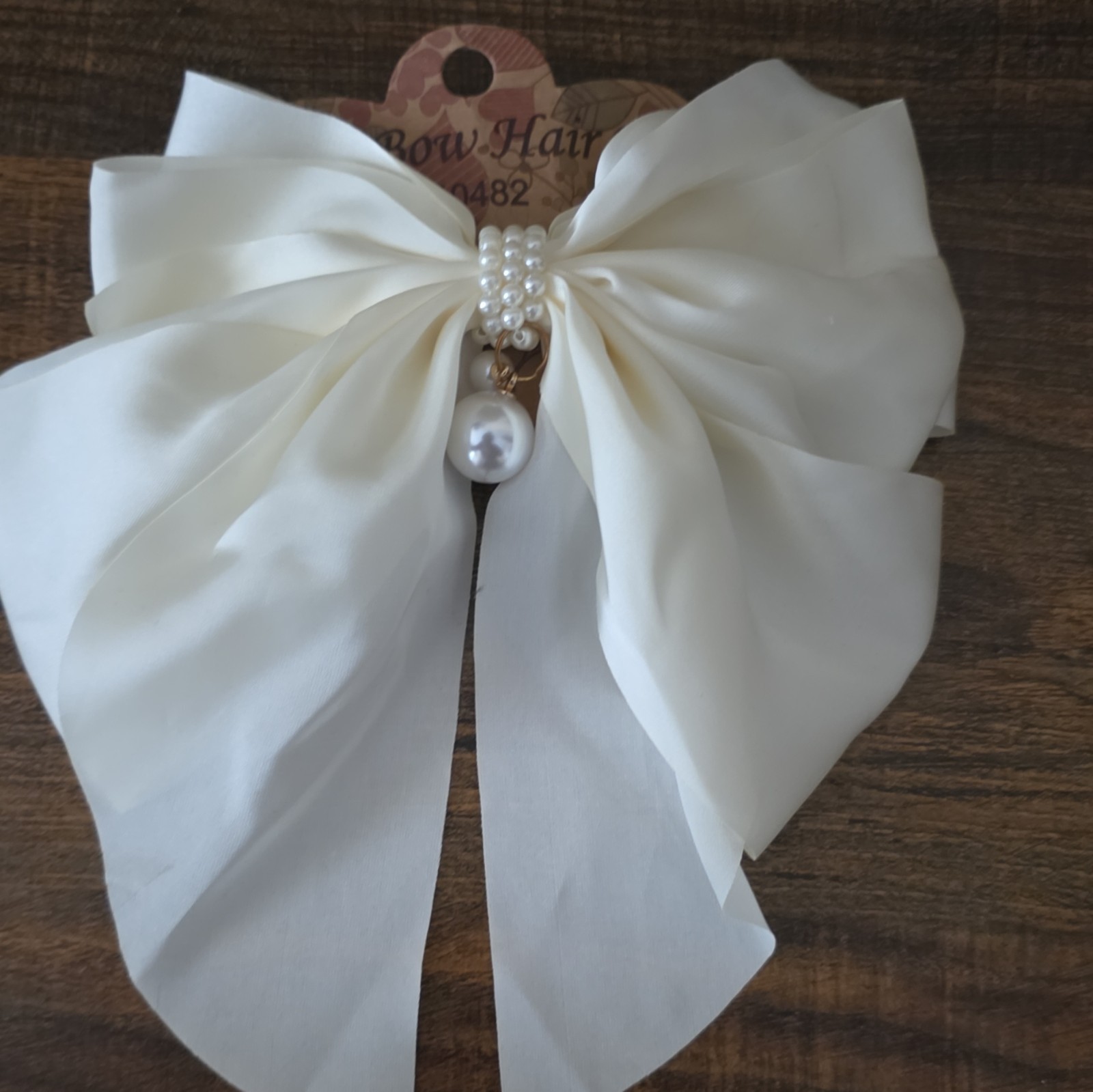 White Fabric Bow Clip-On Hair Accessory with Pearl Beaded Accents Classic