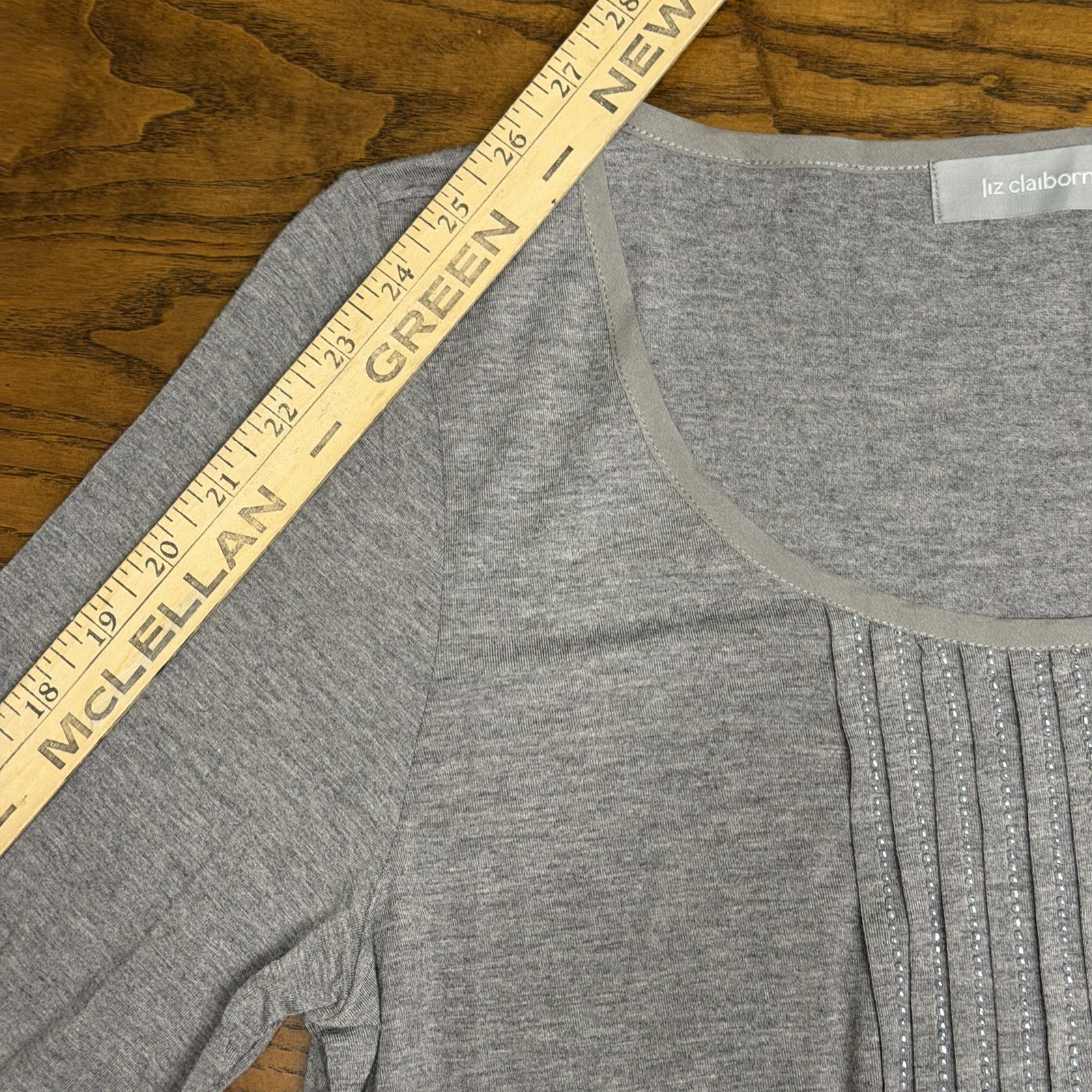 Liz Claiborne Light Grey Long Sleeved Central Pleated Rhinestone Panel Shirt L