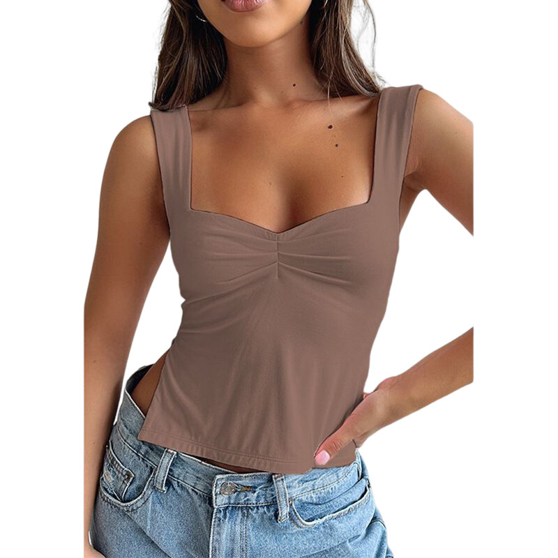 Women Sexy Low Cut Pleated Chest Camisole Crop Tank Top Sweetheart Slits Shirt