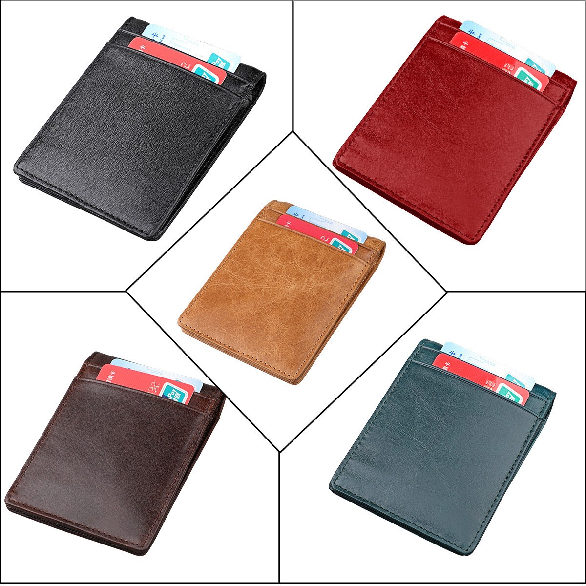 Mens Minimalist Money Clip Slim Bifold RFID Blocking Leather Front Pocket Wallet