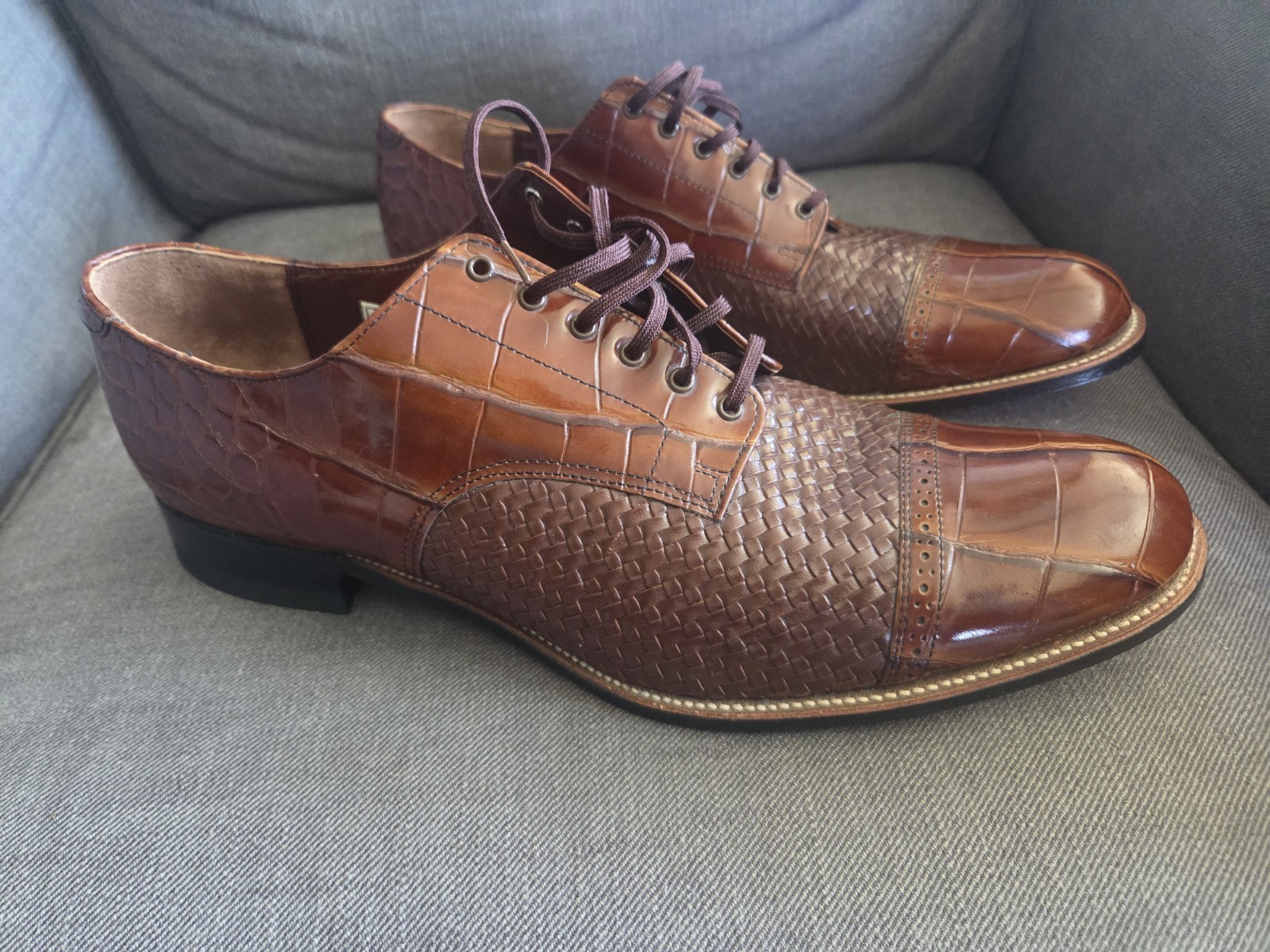 Stacy Adams Esposito Men’s Cap Toe Oxfords Brown Woven Croc Print Size