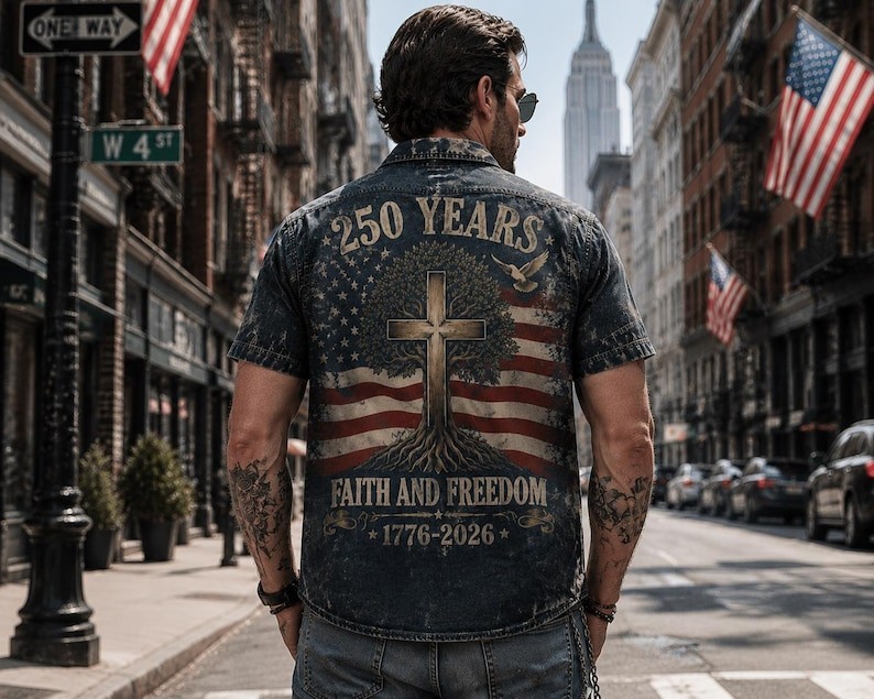 Vintage Patriotic 250 Years Faith & Freedom Shirt, Men’s American Flag Cross Tee