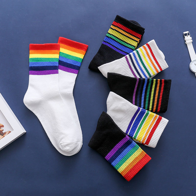 Women Men Cotton Athletic Sports Crew Socks Striped Over Ankle Casual Classic