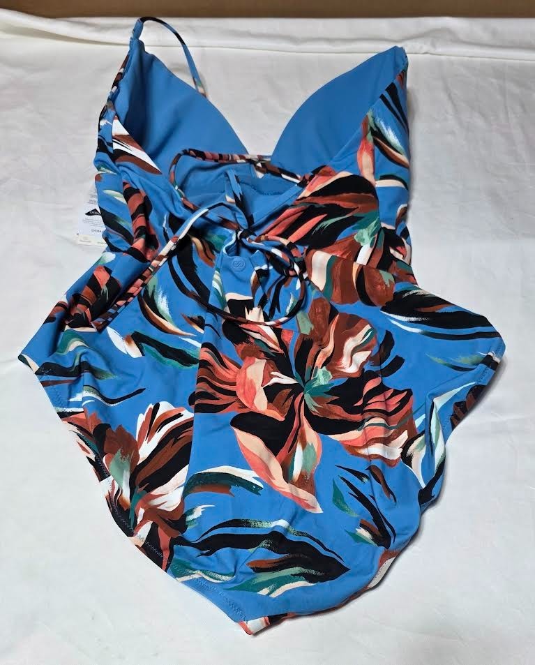 CALIA Women’s Swim One Piece Triangle Strappy Back Tranquil BLUE Floral – 8 NEW