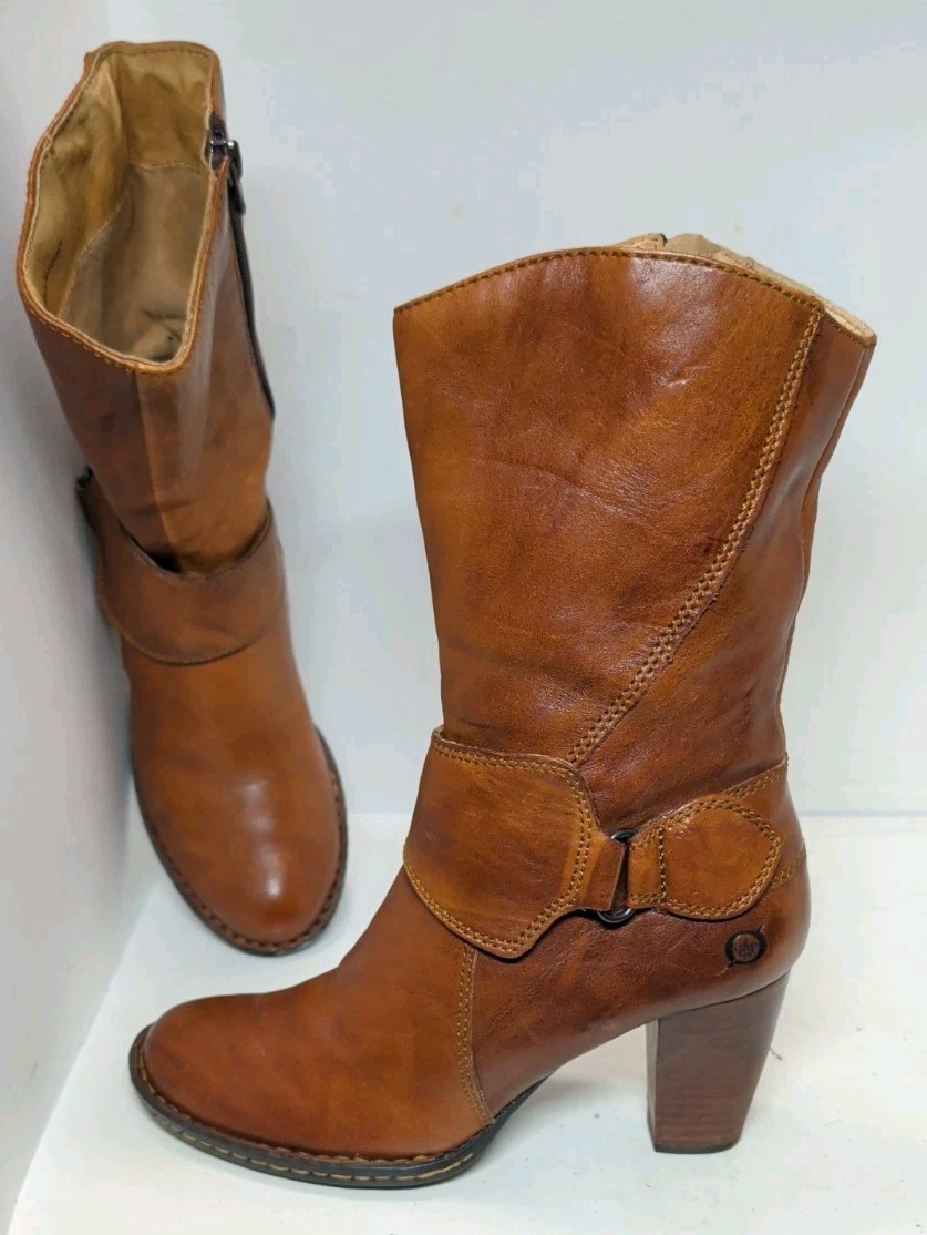 Womens Born Dani Sz 9 B Soft Brown Leather Mid Calf Zipper Buckle Heeled Boots