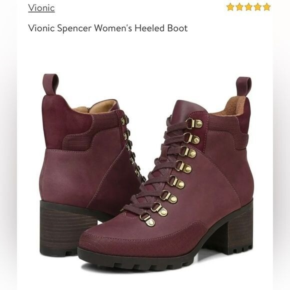 Vionic Womens Spencer Burgundy Combat Boots Size 5 Medium (B, M)