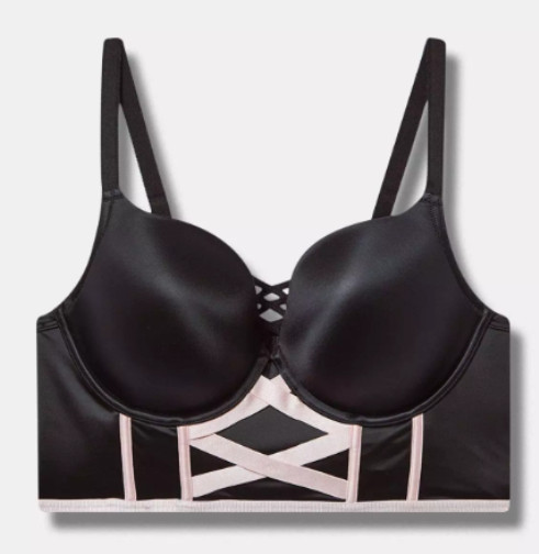 Torrid XO Boost Plunge Push Up Longline Black Shine Bra w Pink Accents 46DD EUC