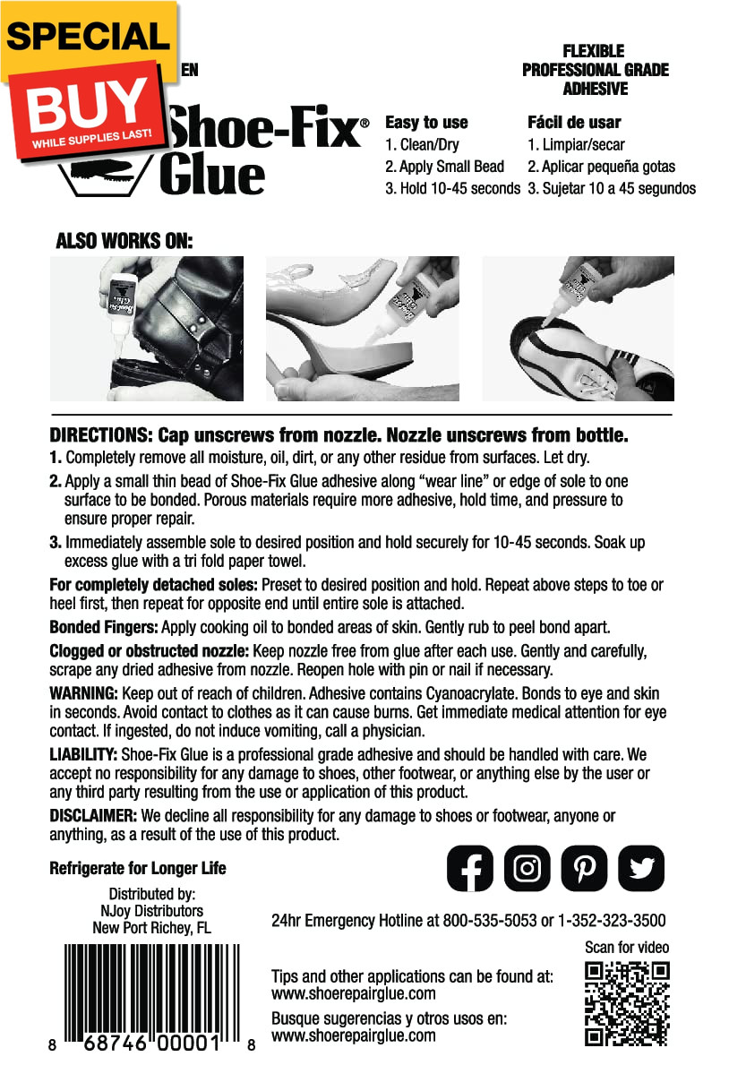Glue Professional Grade Repair Adhesive for All Footwear Instant Bond, Clear Dry