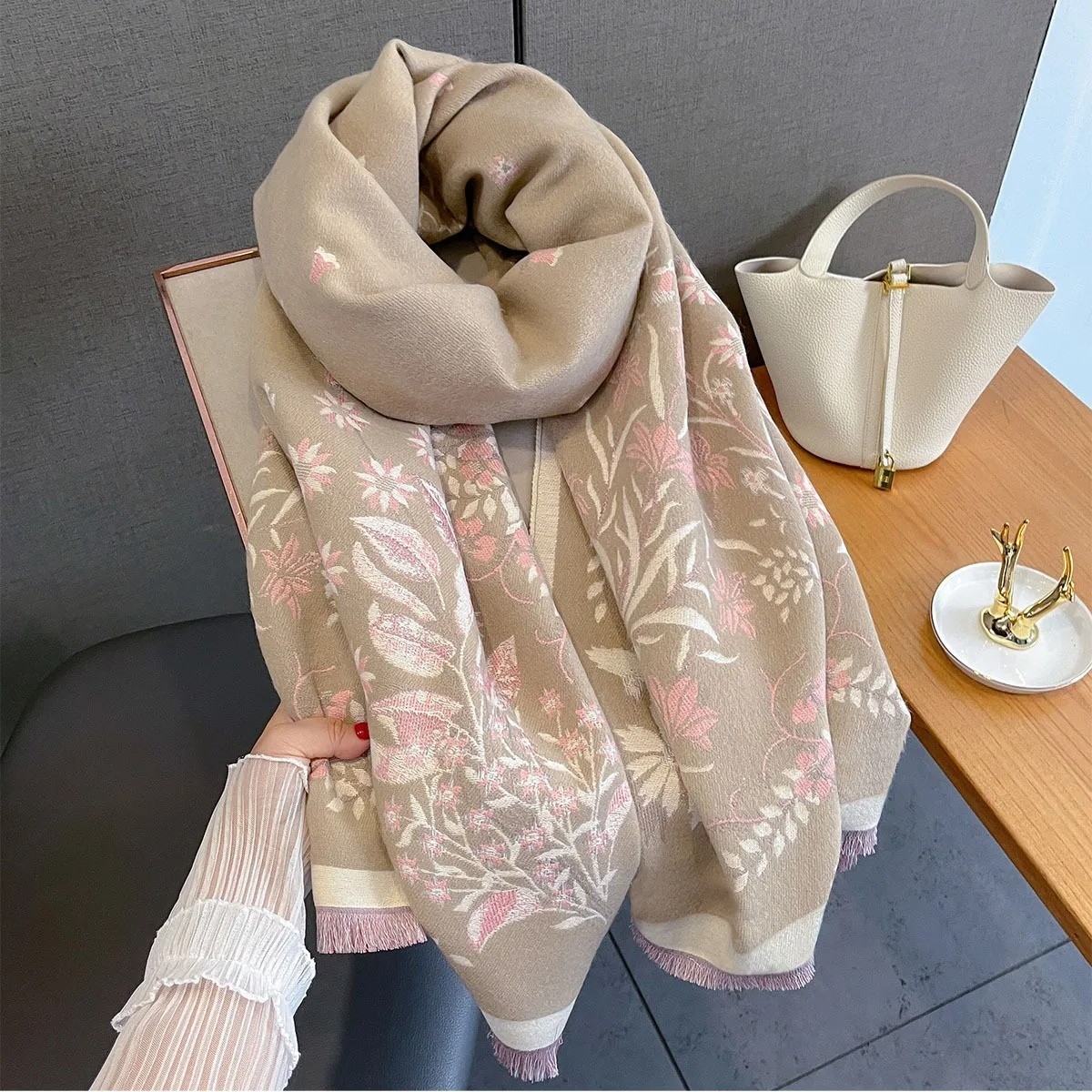 Women’s Thick Warm Floral Pashmina Shawl Luxury Long Tassel Winter Scarf Wrap