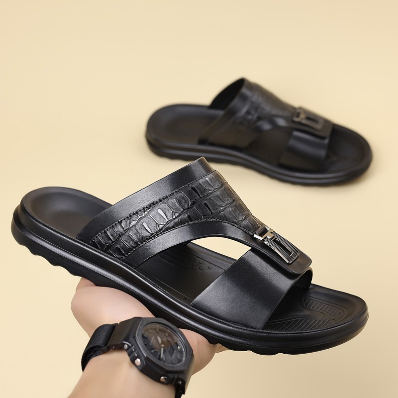 Men’s Croc-Embossed Slide Sandals, PU Leather, Comfort Non-Slip Rubber Sole