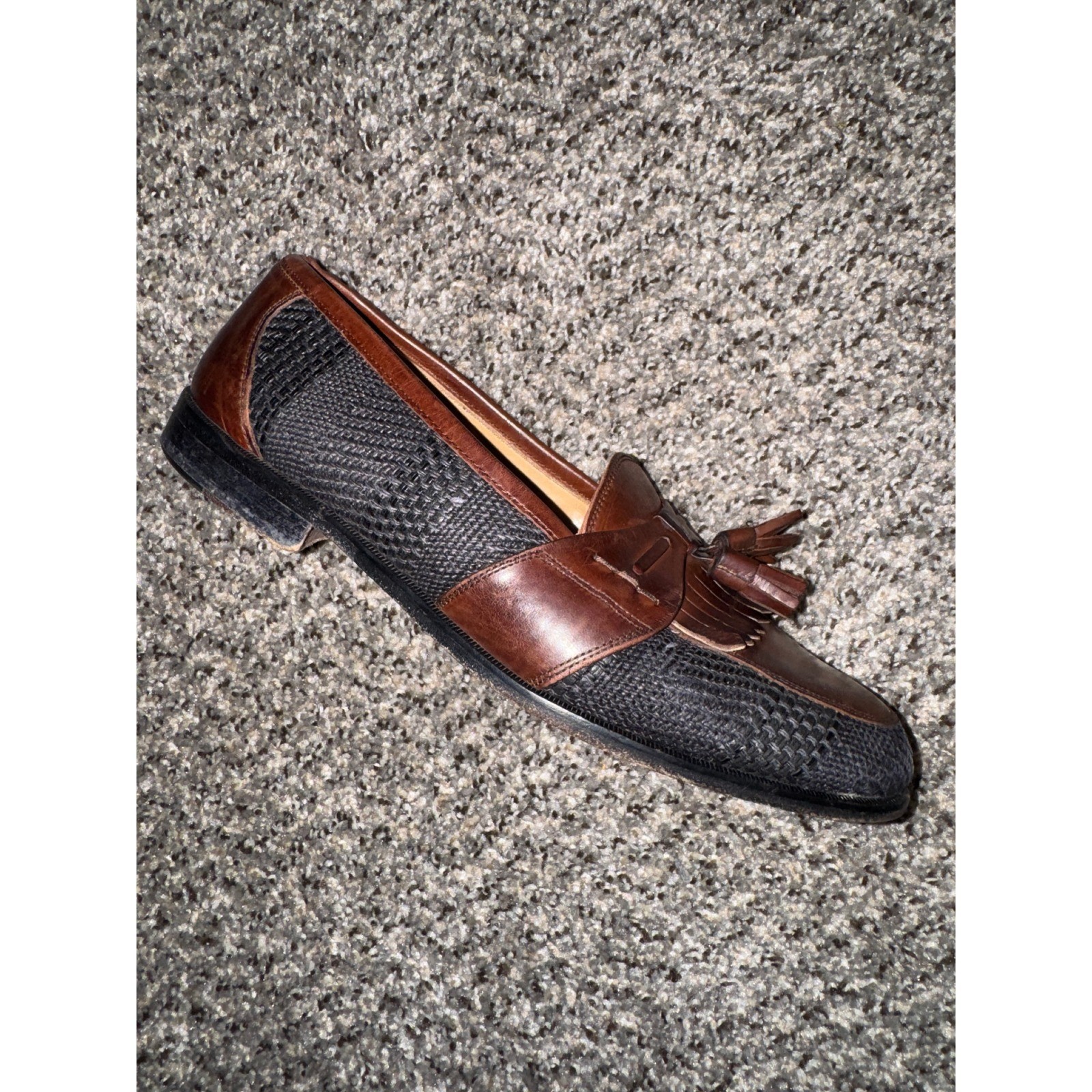 Johnston & Murphy Cellini Mens 9 M Brown Leather Black Woven Tassel Loafers