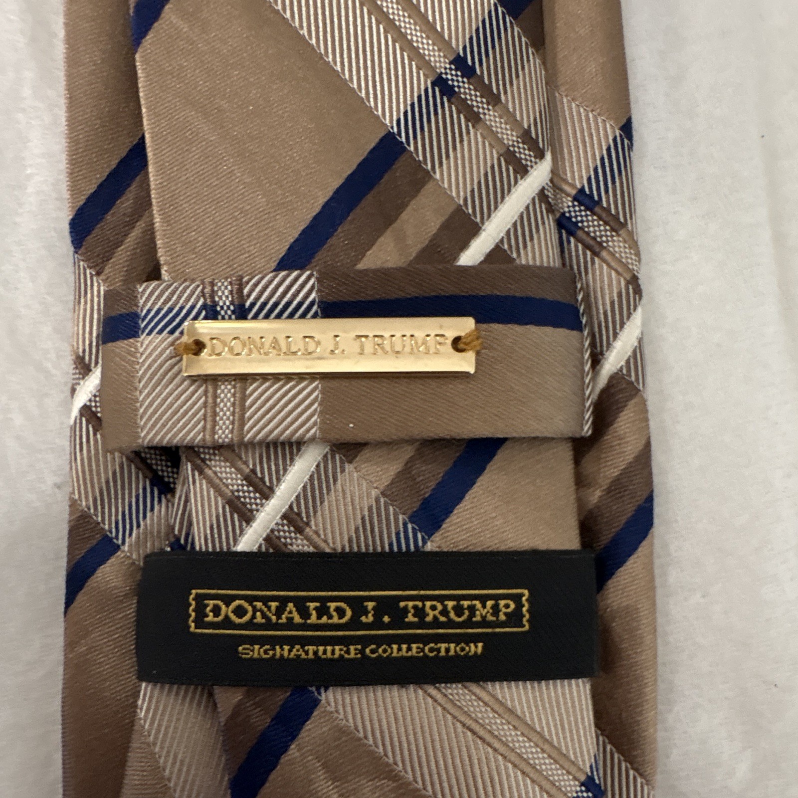 Donald J. Trump Men’s Woven Silk Tie Brown Blue Plaid Check Logo Designer