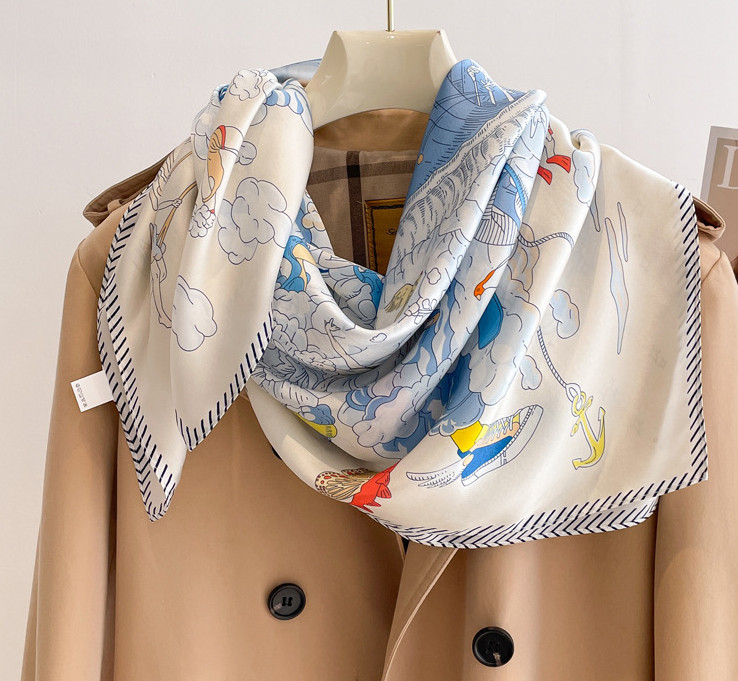 100% Mulberry Silk Neckerchief Scarf Shawl 35” Blue sky Print Bandana Wrap new
