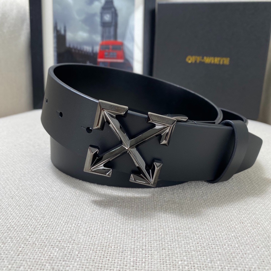 Authentic Off-White Men’s Leather Belt 3.8cm/1.5″ Width Dark Black/New