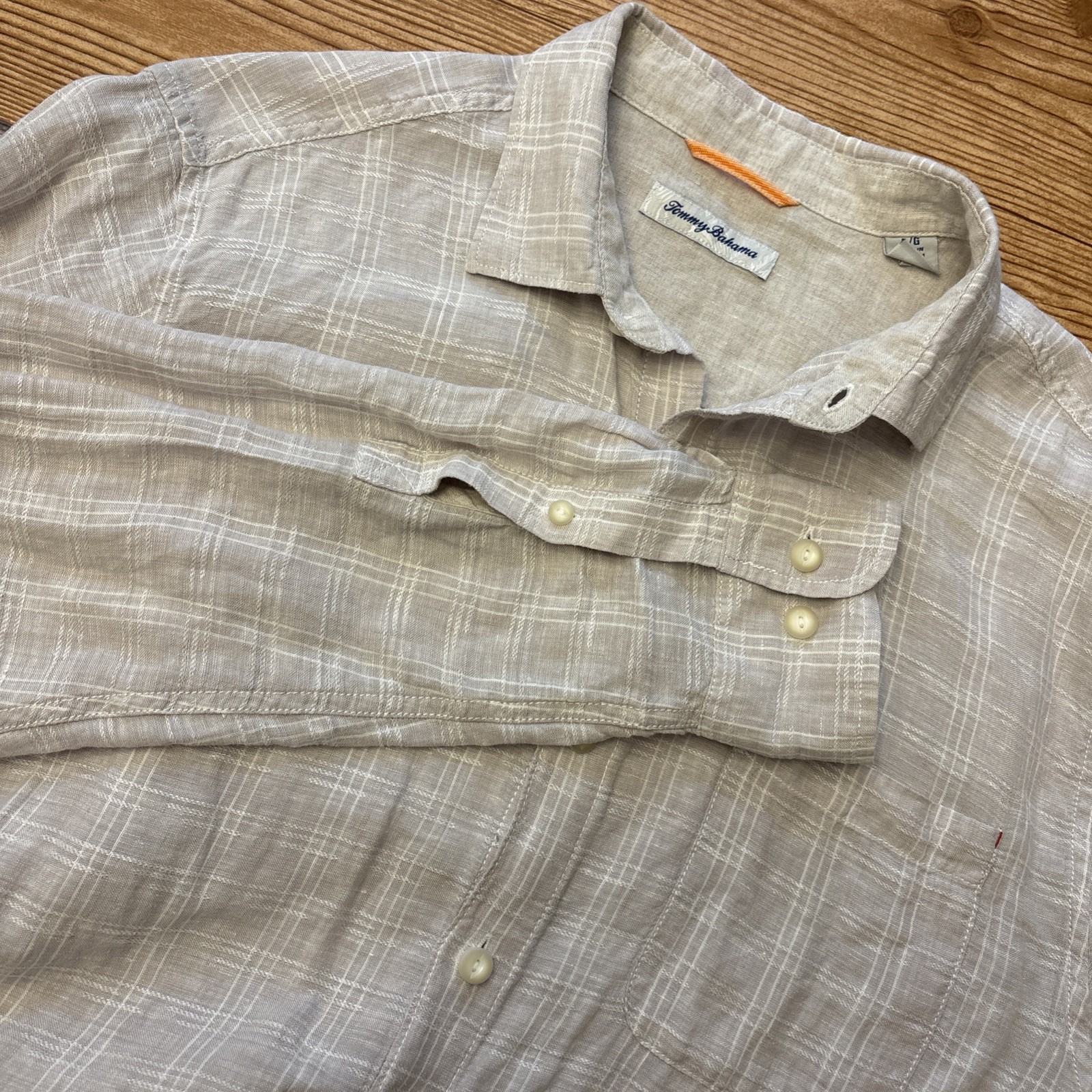 Tommy Bahama Linen Button-Up Long Sleeve Shirt Men’s L Plaid Beige & White