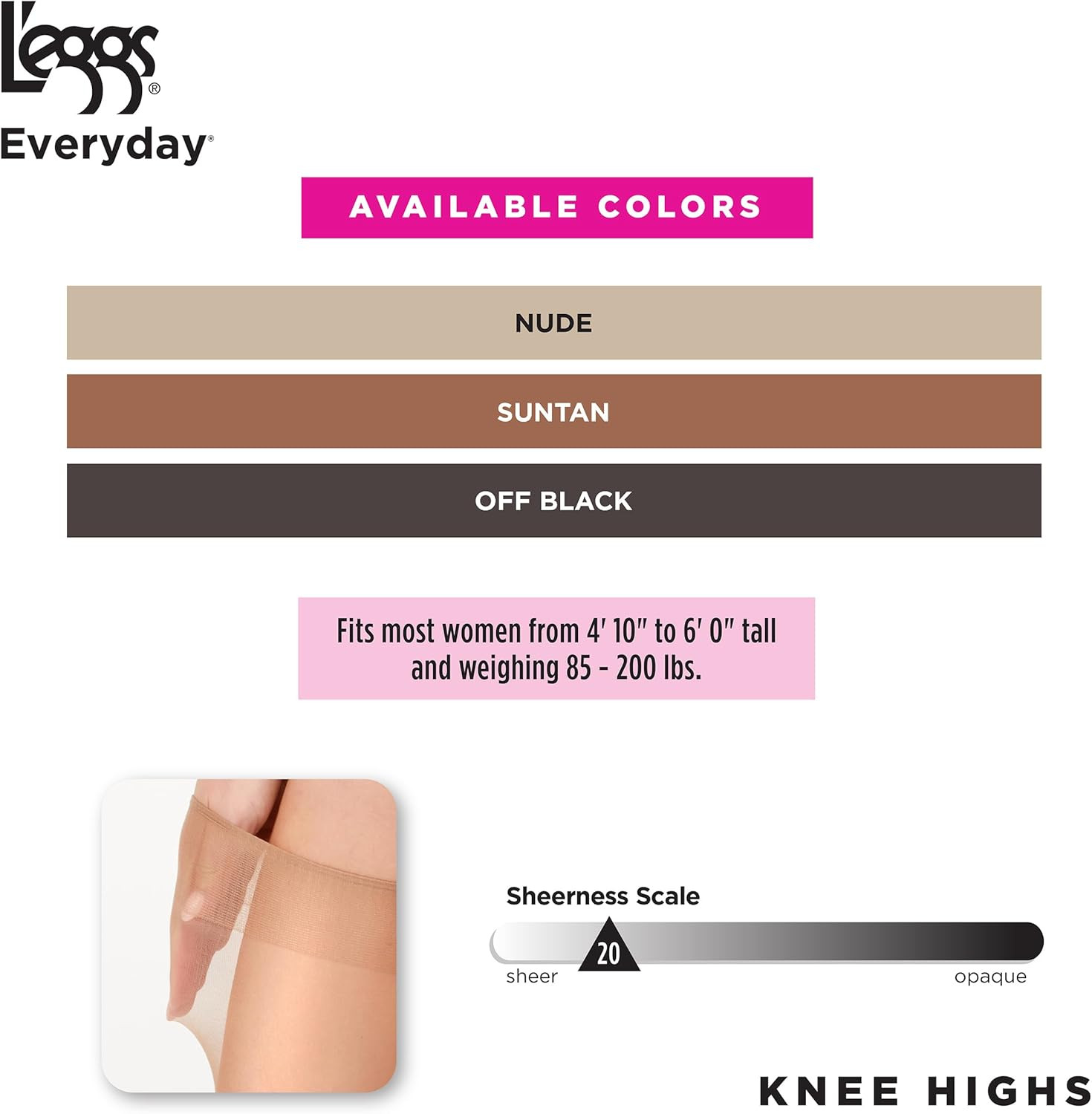 L’Eggs Everyday Women’S Knee High Stockings, Reinforced Toe, 100% Nylon, One Siz