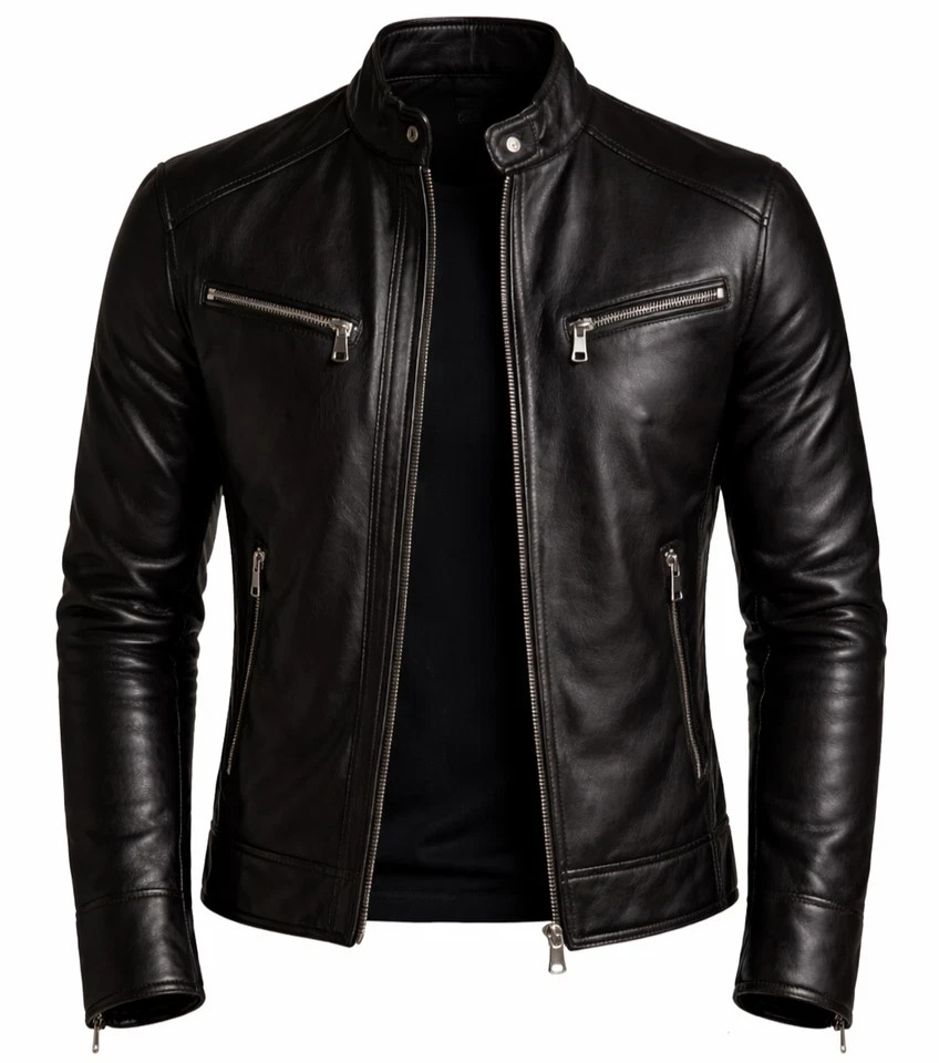 Men’s Black Genuine Leather Jacket Cafe Racer Slim Fit Motorcycle Biker Coat