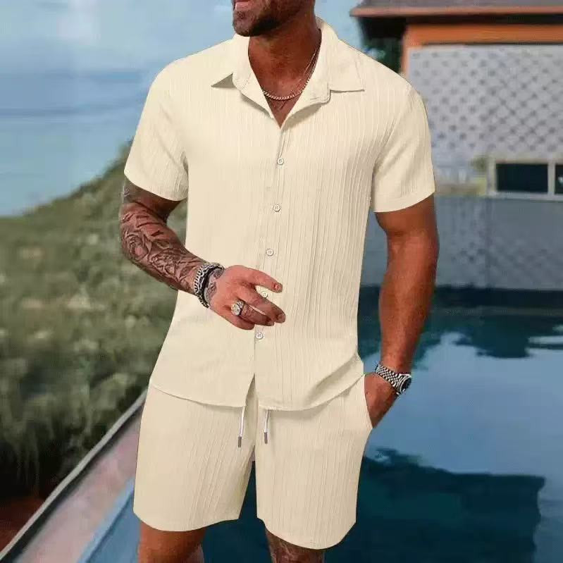 2026 Men 2 Set Short Sleeve Button Shirt Shorts Suit Tops+Shorts T Shirts Casual