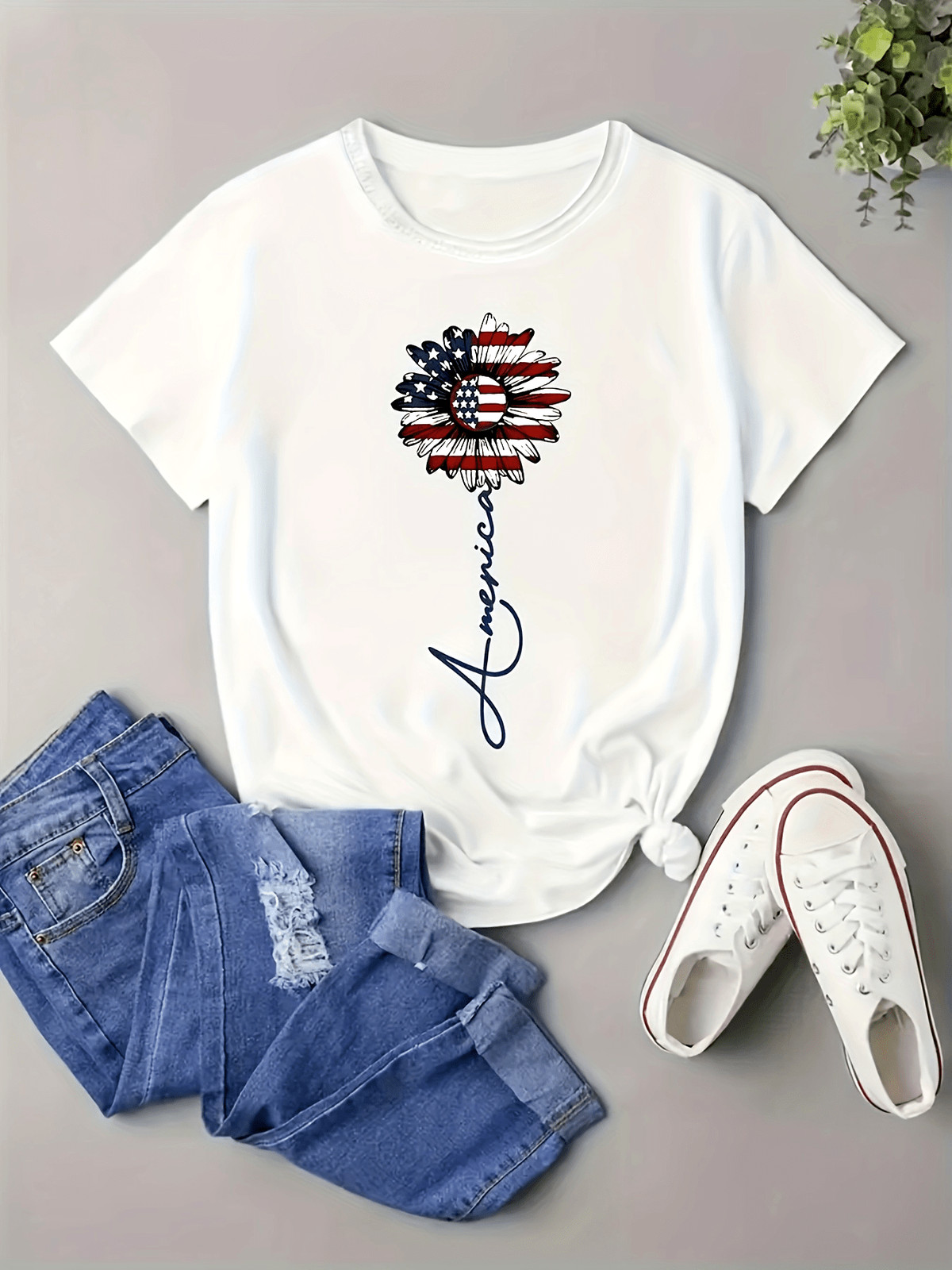 Patriotic USA Flag Sunflower Graphic Tee – America Script Floral Summer T-Shirt