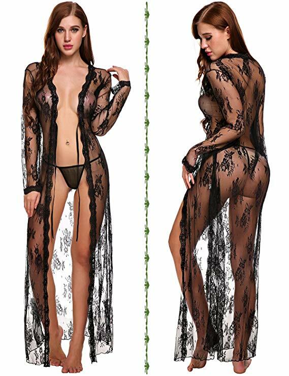 Women Sexy Lingerie See Through Lace Dress Sleepwear Sheer Kimono Robe Nightwear