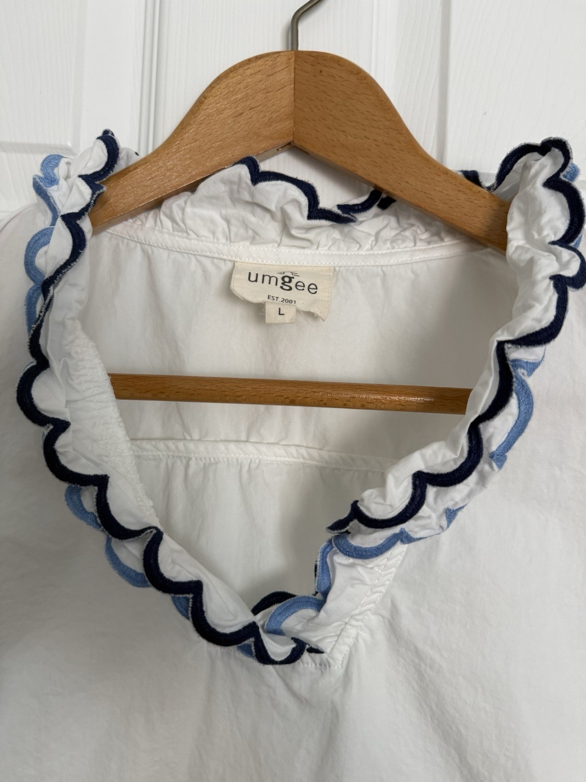 Umgee White Ruffle V-Neck Cotton Blouse L Cottagecore Romantic Farmhouse Boho